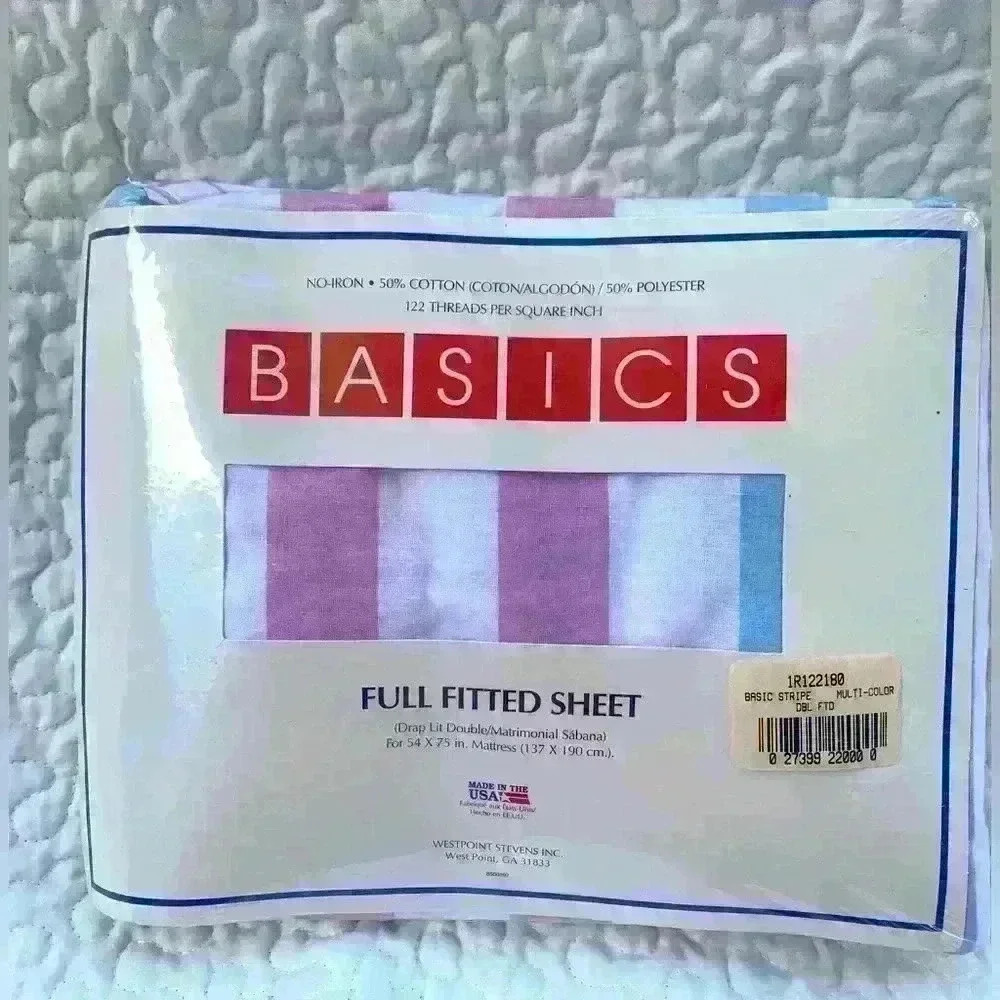 NOS Westpoint Steven’s basic full fitted sheets made in USA, pink blue stripes